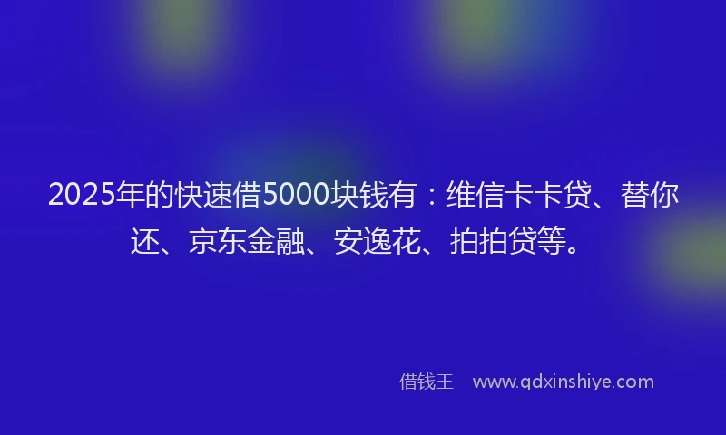 2025年的快速借5000块钱有：维信卡卡贷、替你还、京东金融、安逸花、拍拍贷等。