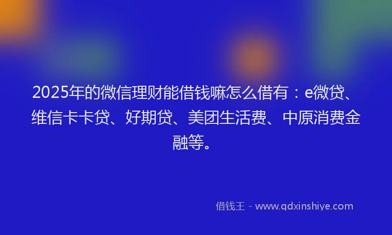 2025年的微信理财能借钱嘛怎么借有：e微贷、维信卡卡贷、好期贷、美团生活费、中原消费金融等。