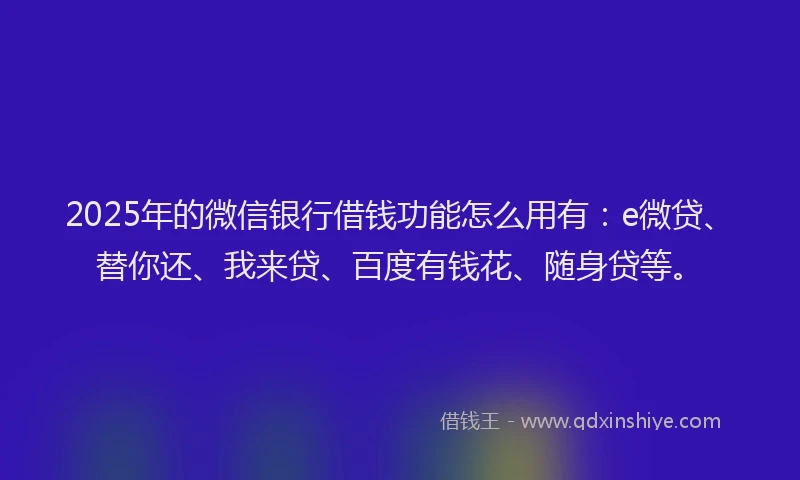 2025年的微信银行借钱功能怎么用有：e微贷、替你还、我来贷、百度有钱花、随身贷等。