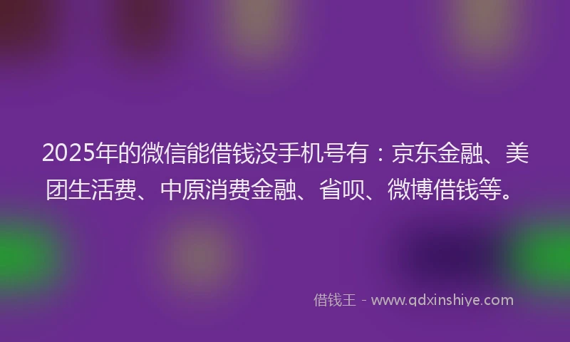 2025年的微信能借钱没手机号有：京东金融、美团生活费、中原消费金融、省呗、微博借钱等。