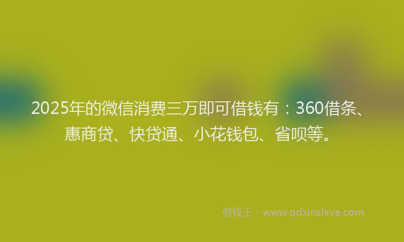 2025年的微信消费三万即可借钱有：360借条、惠商贷、快贷通、小花钱包、省呗等。