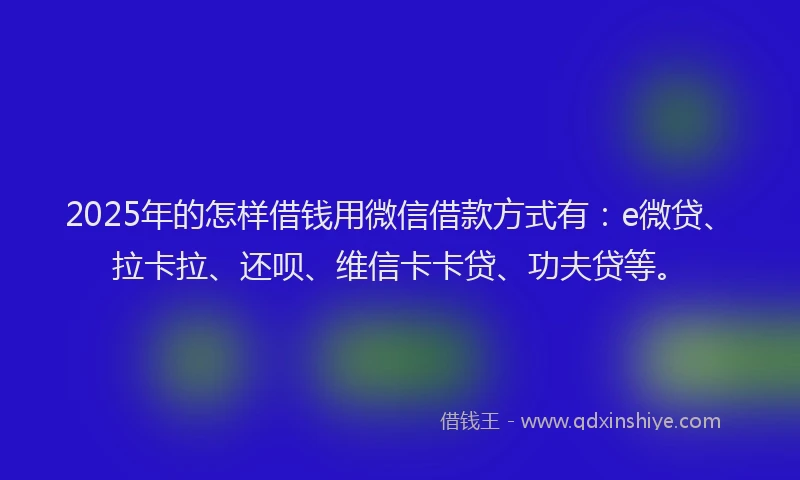 2025年的怎样借钱用微信借款方式有：e微贷、拉卡拉、还呗、维信卡卡贷、功夫贷等。