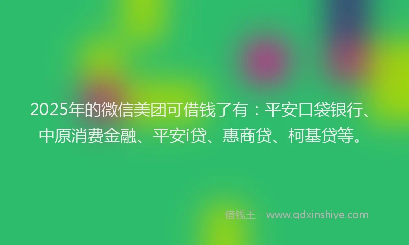2025年的微信美团可借钱了有：平安口袋银行、中原消费金融、平安i贷、惠商贷、柯基贷等。