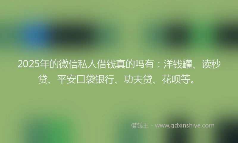 2025年的微信私人借钱真的吗有：洋钱罐、读秒贷、平安口袋银行、功夫贷、花呗等。