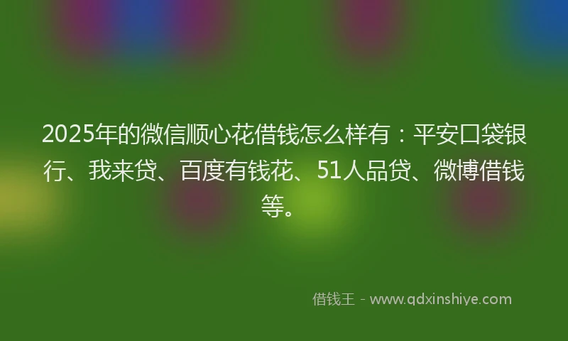 2025年的微信顺心花借钱怎么样有：平安口袋银行、我来贷、百度有钱花、51人品贷、微博借钱等。
