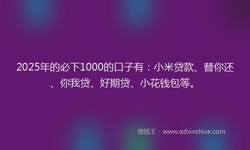 2025年的必下1000的口子有：小米贷款、替你还、你我贷、好期贷、小花钱包等。