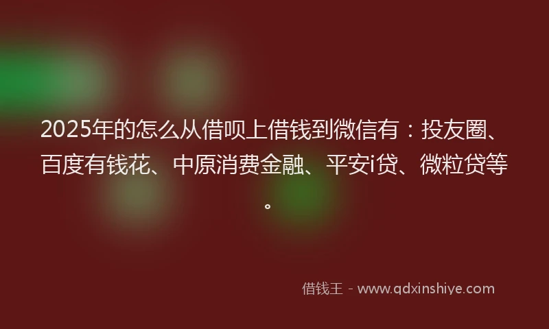2025年的怎么从借呗上借钱到微信有：投友圈、百度有钱花、中原消费金融、平安i贷、微粒贷等。