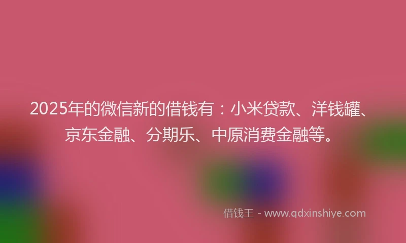 2025年的微信新的借钱有：小米贷款、洋钱罐、京东金融、分期乐、中原消费金融等。