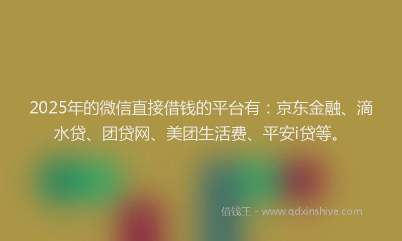 2025年的微信直接借钱的平台有：京东金融、滴水贷、团贷网、美团生活费、平安i贷等。