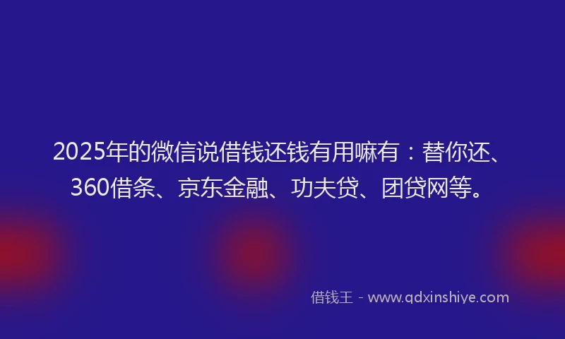 2025年的微信说借钱还钱有用嘛有：替你还、360借条、京东金融、功夫贷、团贷网等。