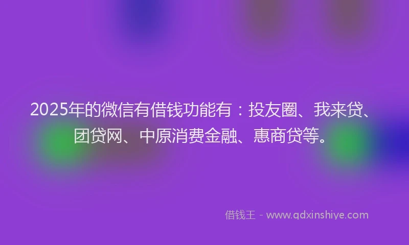 2025年的微信有借钱功能有：投友圈、我来贷、团贷网、中原消费金融、惠商贷等。