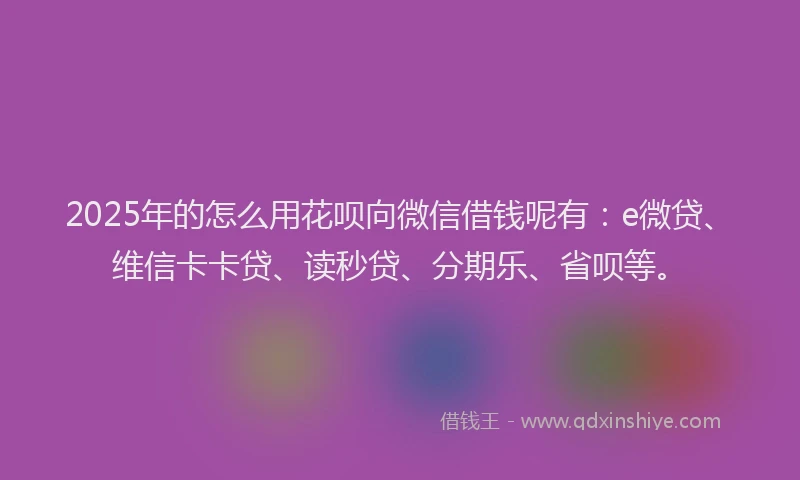 2025年的怎么用花呗向微信借钱呢有：e微贷、维信卡卡贷、读秒贷、分期乐、省呗等。