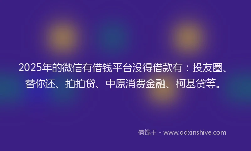 2025年的微信有借钱平台没得借款有：投友圈、替你还、拍拍贷、中原消费金融、柯基贷等。
