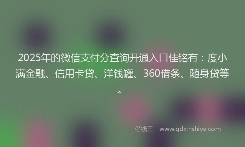 2025年的微信支付分查询开通入口佳铭有：度小满金融、信用卡贷、洋钱罐、360借条、随身贷等。