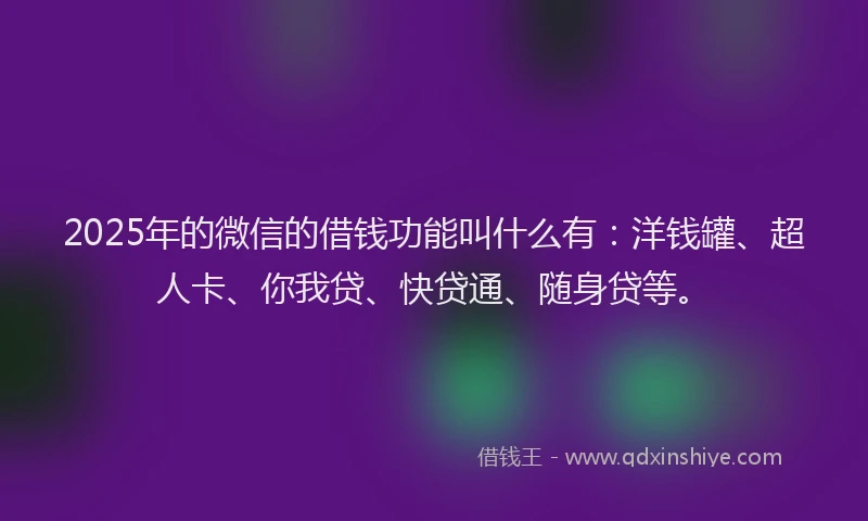 2025年的微信的借钱功能叫什么有：洋钱罐、超人卡、你我贷、快贷通、随身贷等。