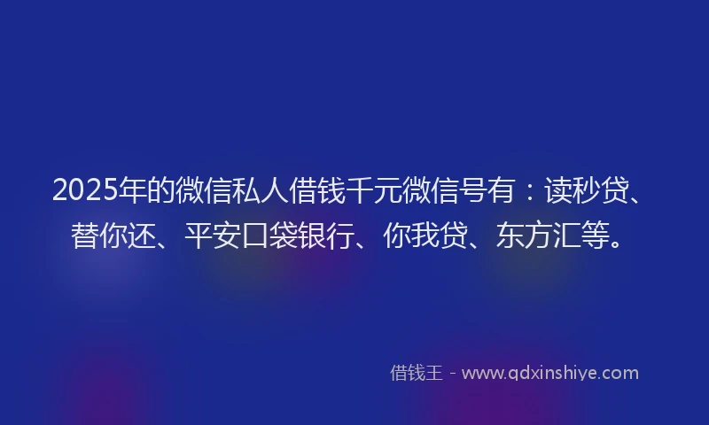 2025年的微信私人借钱千元微信号有：读秒贷、替你还、平安口袋银行、你我贷、东方汇等。