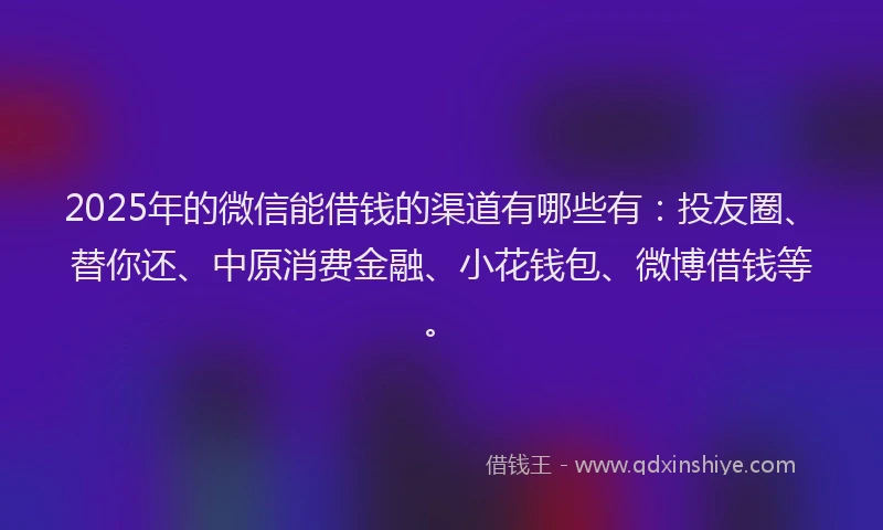 2025年的微信能借钱的渠道有哪些有：投友圈、替你还、中原消费金融、小花钱包、微博借钱等。