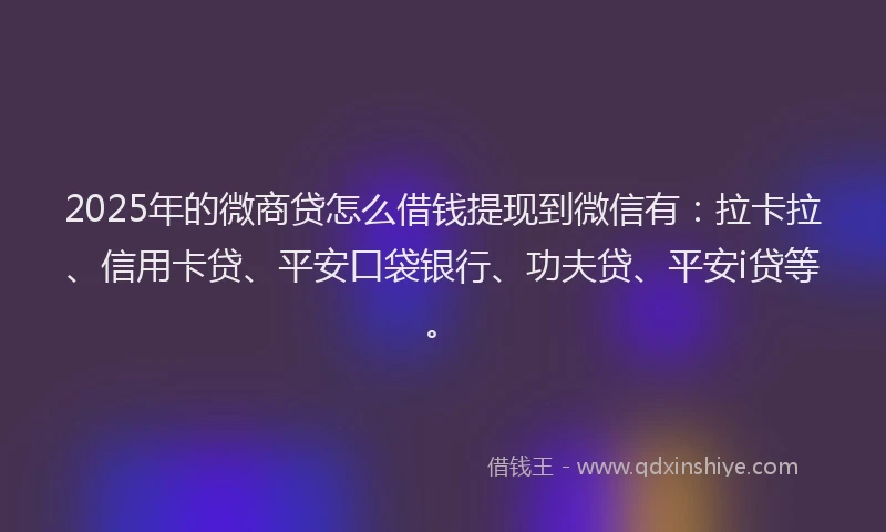 2025年的微商贷怎么借钱提现到微信有：拉卡拉、信用卡贷、平安口袋银行、功夫贷、平安i贷等。