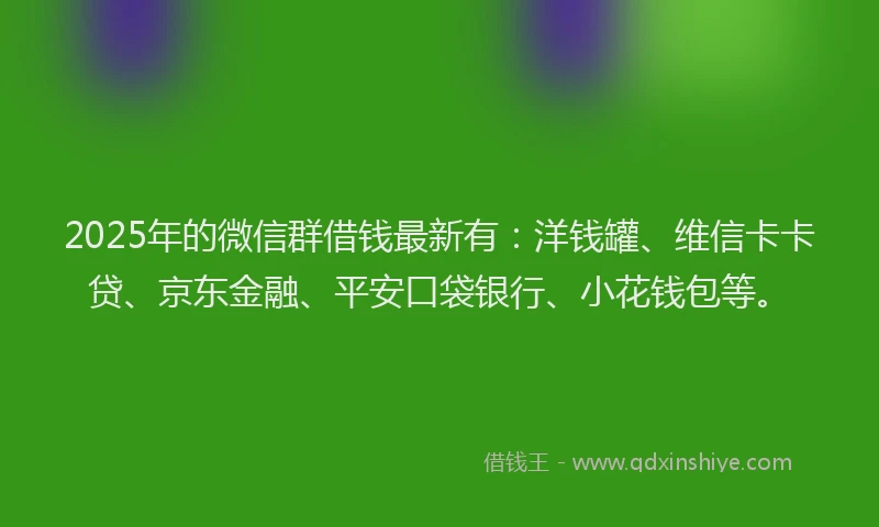 2025年的微信群借钱最新有：洋钱罐、维信卡卡贷、京东金融、平安口袋银行、小花钱包等。