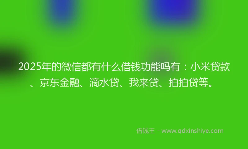 2025年的微信都有什么借钱功能吗有：小米贷款、京东金融、滴水贷、我来贷、拍拍贷等。