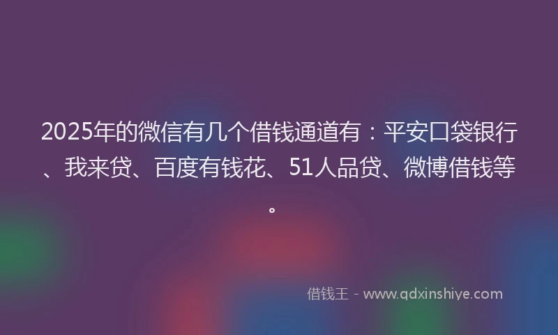 2025年的微信有几个借钱通道有：平安口袋银行、我来贷、百度有钱花、51人品贷、微博借钱等。