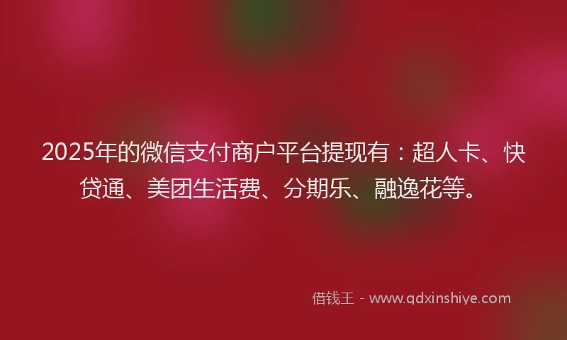 2025年的微信支付商户平台提现有：超人卡、快贷通、美团生活费、分期乐、融逸花等。