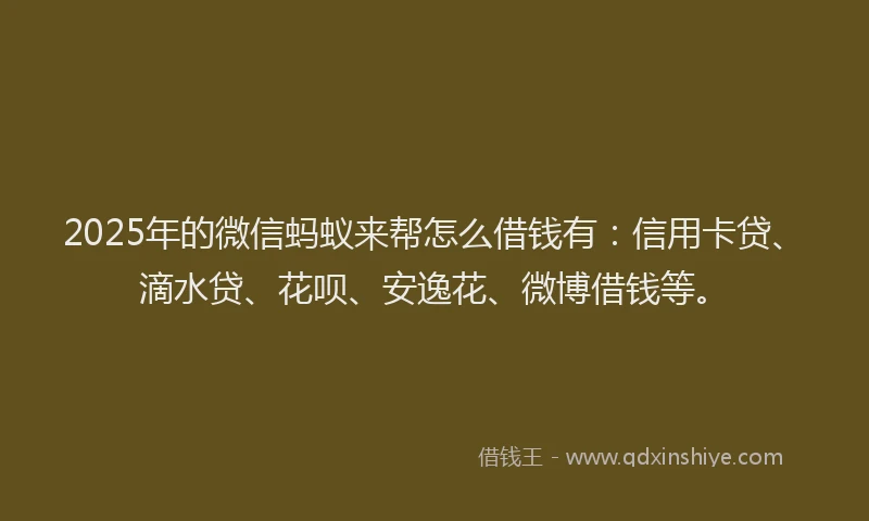 2025年的微信蚂蚁来帮怎么借钱有：信用卡贷、滴水贷、花呗、安逸花、微博借钱等。