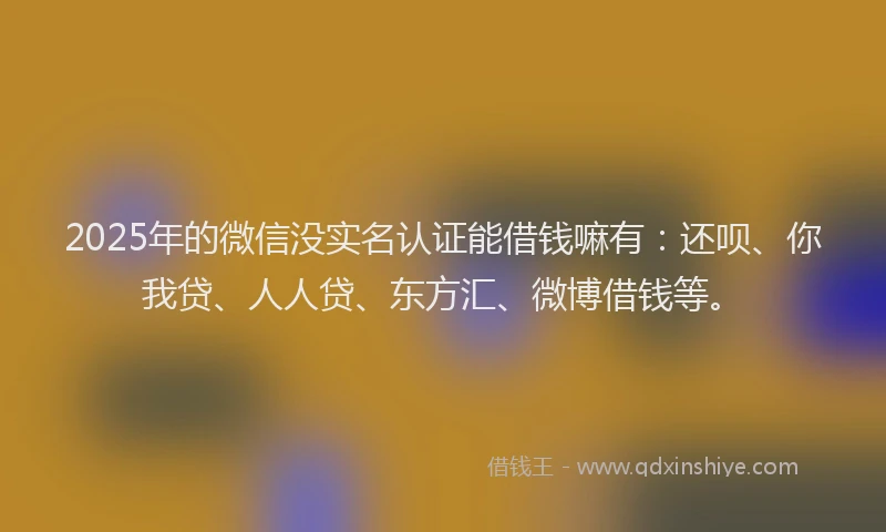 2025年的微信没实名认证能借钱嘛有：还呗、你我贷、人人贷、东方汇、微博借钱等。