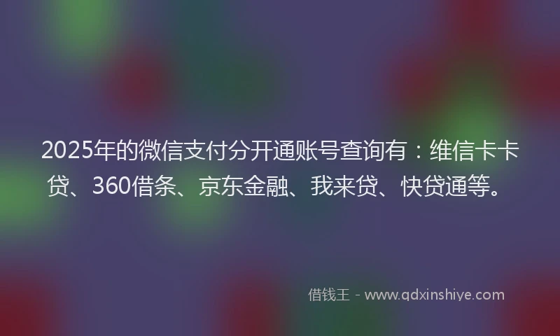 2025年的微信支付分开通账号查询有：维信卡卡贷、360借条、京东金融、我来贷、快贷通等。