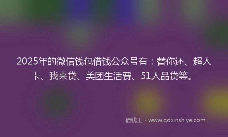 2025年的微信钱包借钱公众号有：替你还、超人卡、我来贷、美团生活费、51人品贷等。