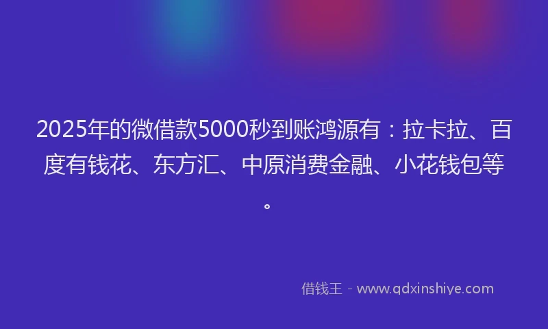 2025年的微借款5000秒到账鸿源有：拉卡拉、百度有钱花、东方汇、中原消费金融、小花钱包等。