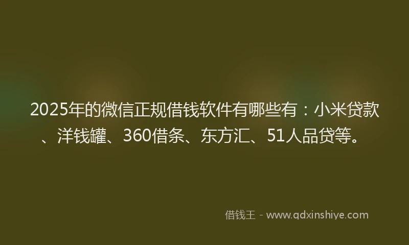 2025年的微信正规借钱软件有哪些有：小米贷款、洋钱罐、360借条、东方汇、51人品贷等。