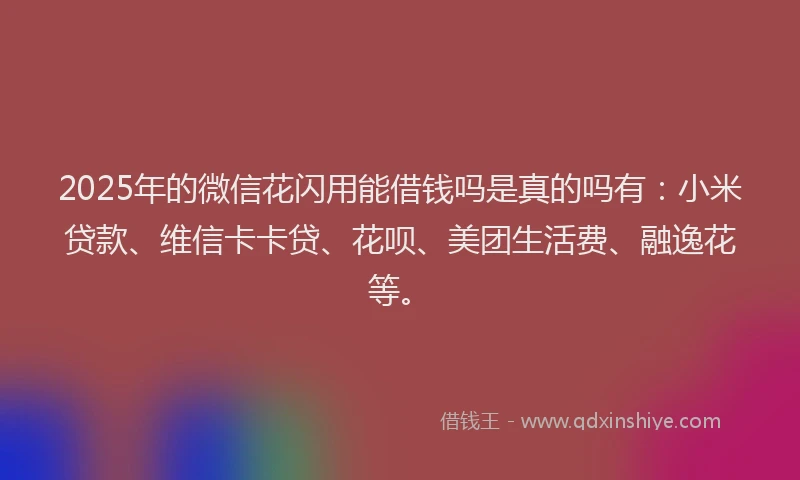 2025年的微信花闪用能借钱吗是真的吗有：小米贷款、维信卡卡贷、花呗、美团生活费、融逸花等。