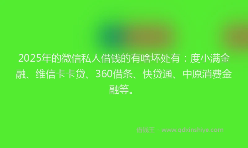 2025年的微信私人借钱的有啥坏处有：度小满金融、维信卡卡贷、360借条、快贷通、中原消费金融等。