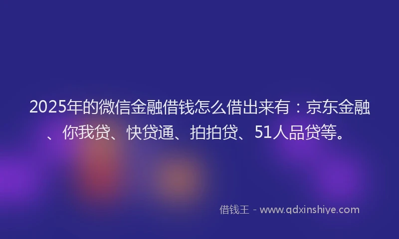 2025年的微信金融借钱怎么借出来有：京东金融、你我贷、快贷通、拍拍贷、51人品贷等。