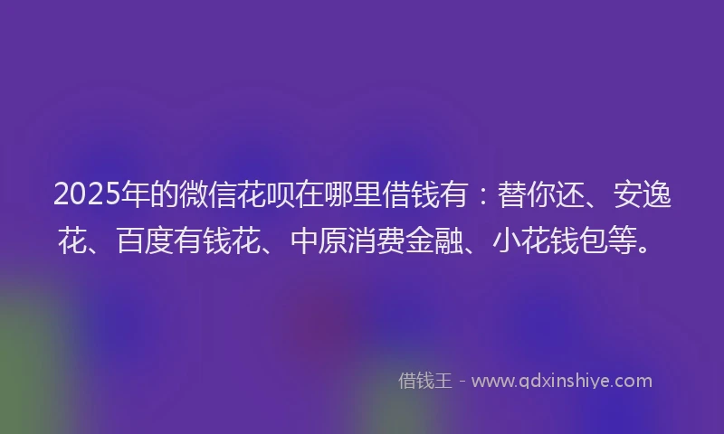 2025年的微信花呗在哪里借钱有：替你还、安逸花、百度有钱花、中原消费金融、小花钱包等。