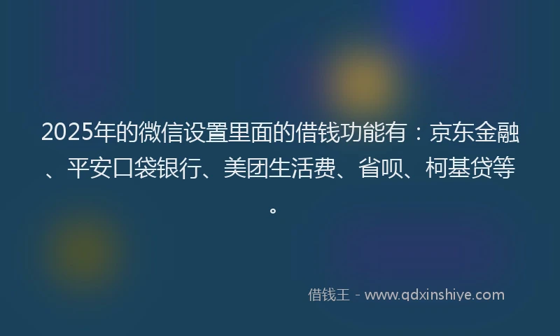 2025年的微信设置里面的借钱功能有：京东金融、平安口袋银行、美团生活费、省呗、柯基贷等。