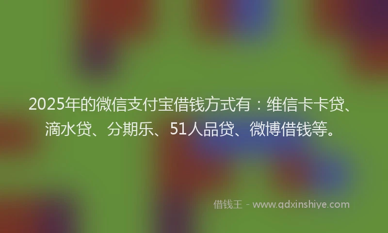 2025年的微信支付宝借钱方式有：维信卡卡贷、滴水贷、分期乐、51人品贷、微博借钱等。