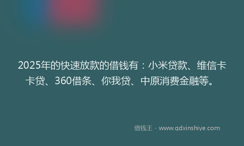2025年的快速放款的借钱有：小米贷款、维信卡卡贷、360借条、你我贷、中原消费金融等。
