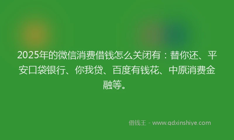 2025年的微信消费借钱怎么关闭有：替你还、平安口袋银行、你我贷、百度有钱花、中原消费金融等。