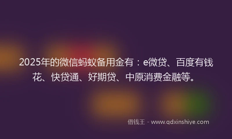 2025年的微信蚂蚁备用金有：e微贷、百度有钱花、快贷通、好期贷、中原消费金融等。