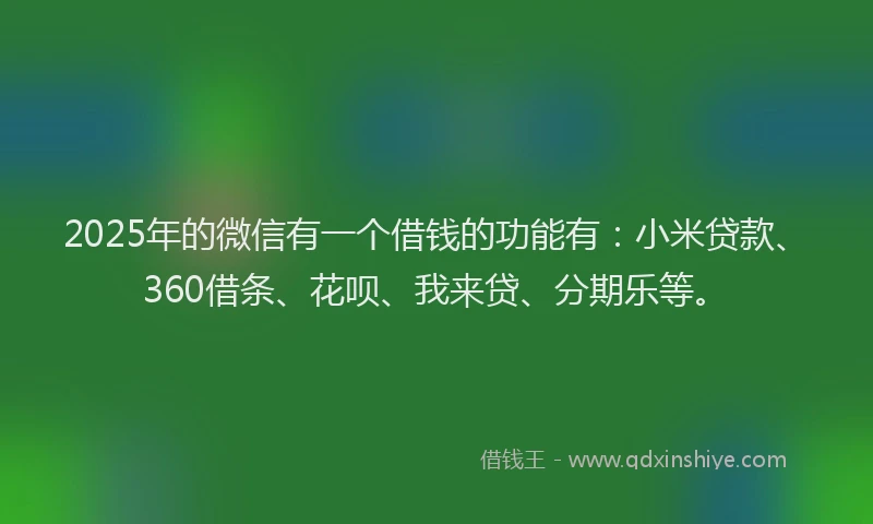 2025年的微信有一个借钱的功能有：小米贷款、360借条、花呗、我来贷、分期乐等。