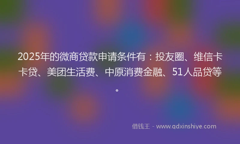 2025年的微商贷款申请条件有：投友圈、维信卡卡贷、美团生活费、中原消费金融、51人品贷等。