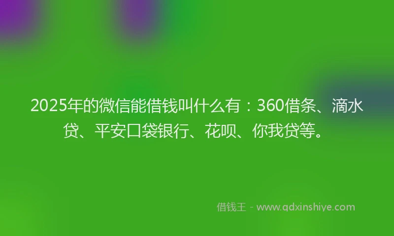 2025年的微信能借钱叫什么有：360借条、滴水贷、平安口袋银行、花呗、你我贷等。