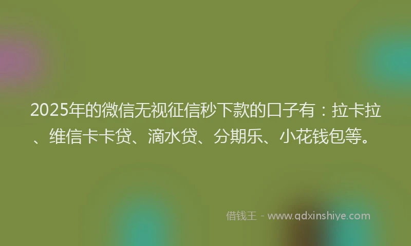 2025年的微信无视征信秒下款的口子有：拉卡拉、维信卡卡贷、滴水贷、分期乐、小花钱包等。