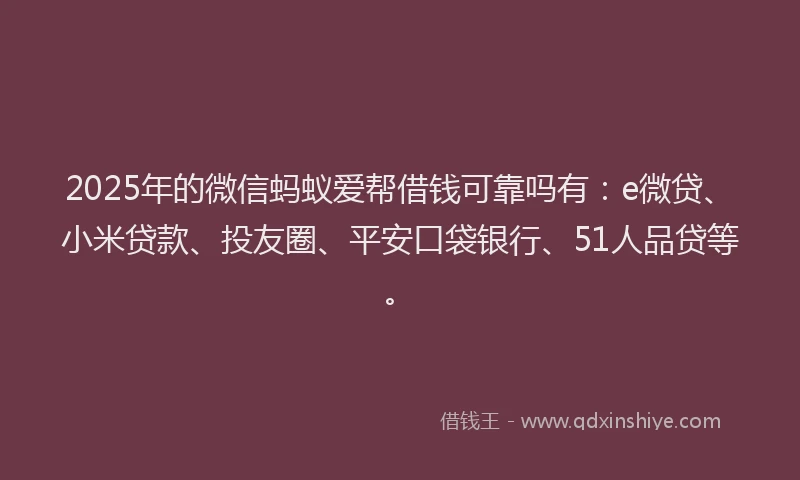 2025年的微信蚂蚁爱帮借钱可靠吗有：e微贷、小米贷款、投友圈、平安口袋银行、51人品贷等。
