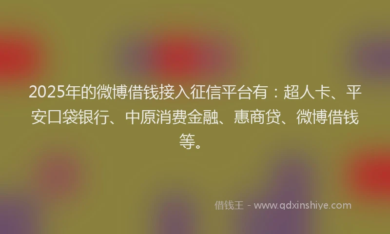 2025年的微博借钱接入征信平台有：超人卡、平安口袋银行、中原消费金融、惠商贷、微博借钱等。