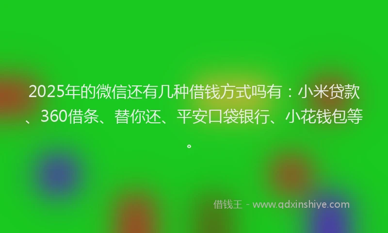2025年的微信还有几种借钱方式吗有：小米贷款、360借条、替你还、平安口袋银行、小花钱包等。