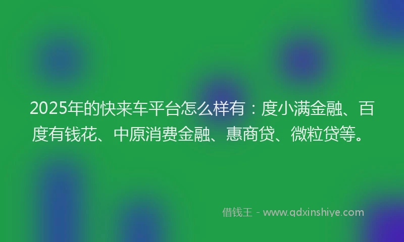 2025年的快来车平台怎么样有：度小满金融、百度有钱花、中原消费金融、惠商贷、微粒贷等。