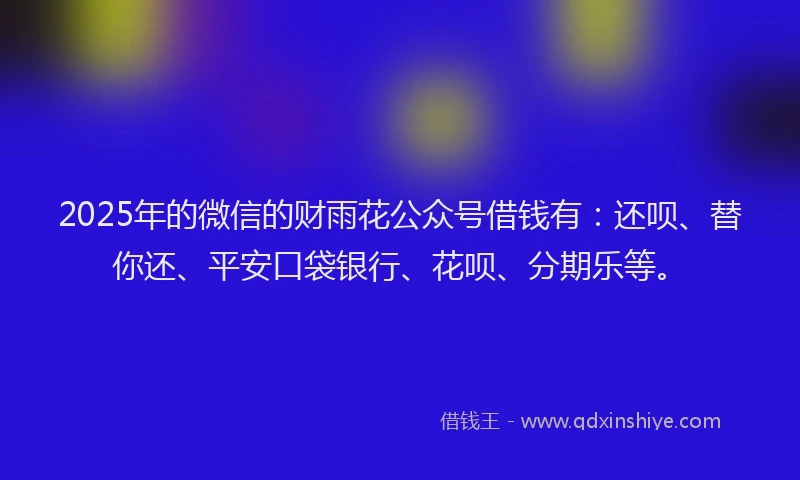 2025年的微信的财雨花公众号借钱有：还呗、替你还、平安口袋银行、花呗、分期乐等。
